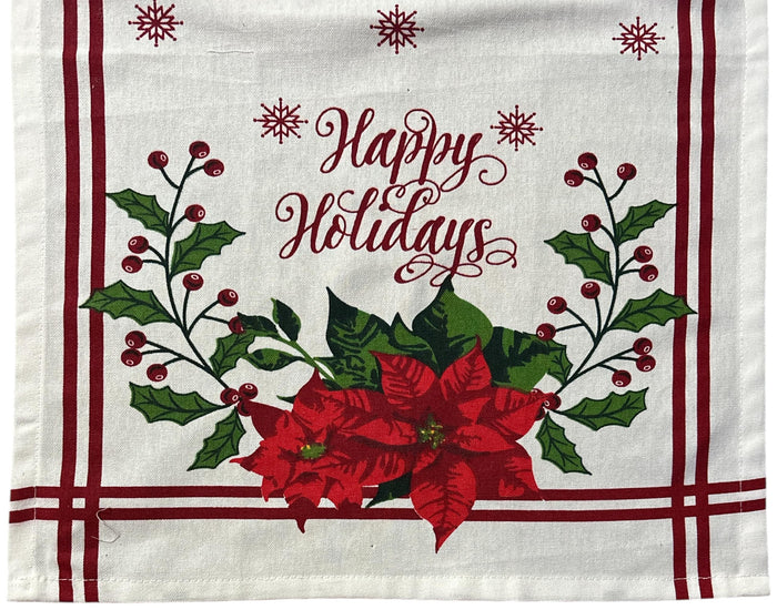 Poinsettia Flower, Berries, Snowflakes with Happy Holidays, 6 Pack Holiday Season Kitchen Towel Sets, 4 Kitchen Towels, Pot Holder & Oven mitt.