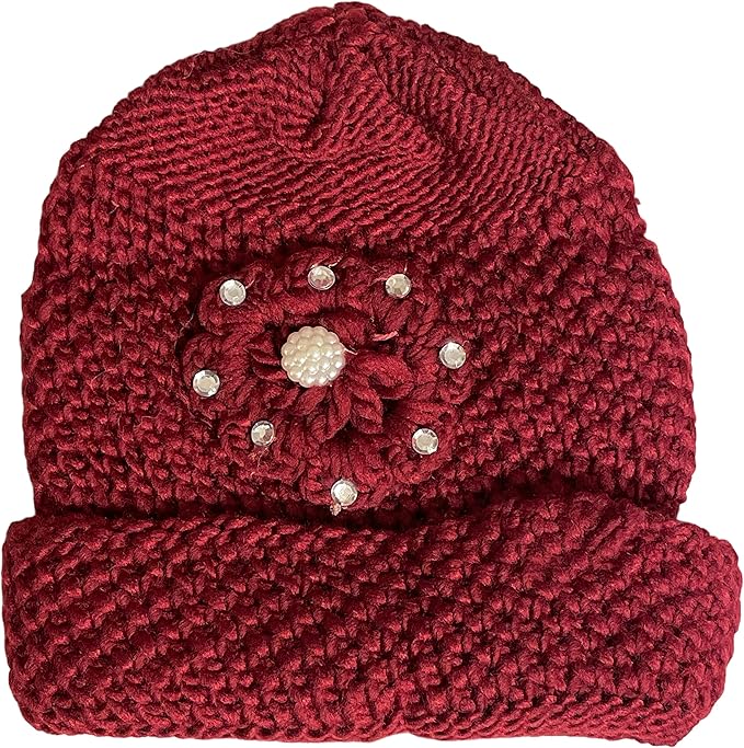 2 Pcs, Womens Wool Knitted Crochet Slouchy Beanie Hat with Flower for Cold Weather Protection.
