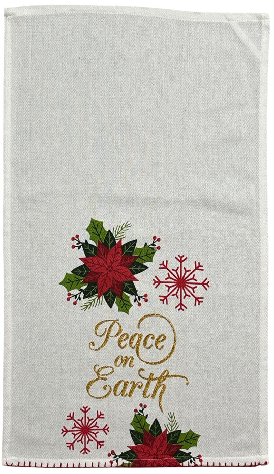 Peace on Earth with Poinsettia Flower, Snowflakes on White Herringbone and Red Waffle Weave, 4 Pcs Cotton Kitchen Towels, Soft and Absorbent, Size: 16” x 28".