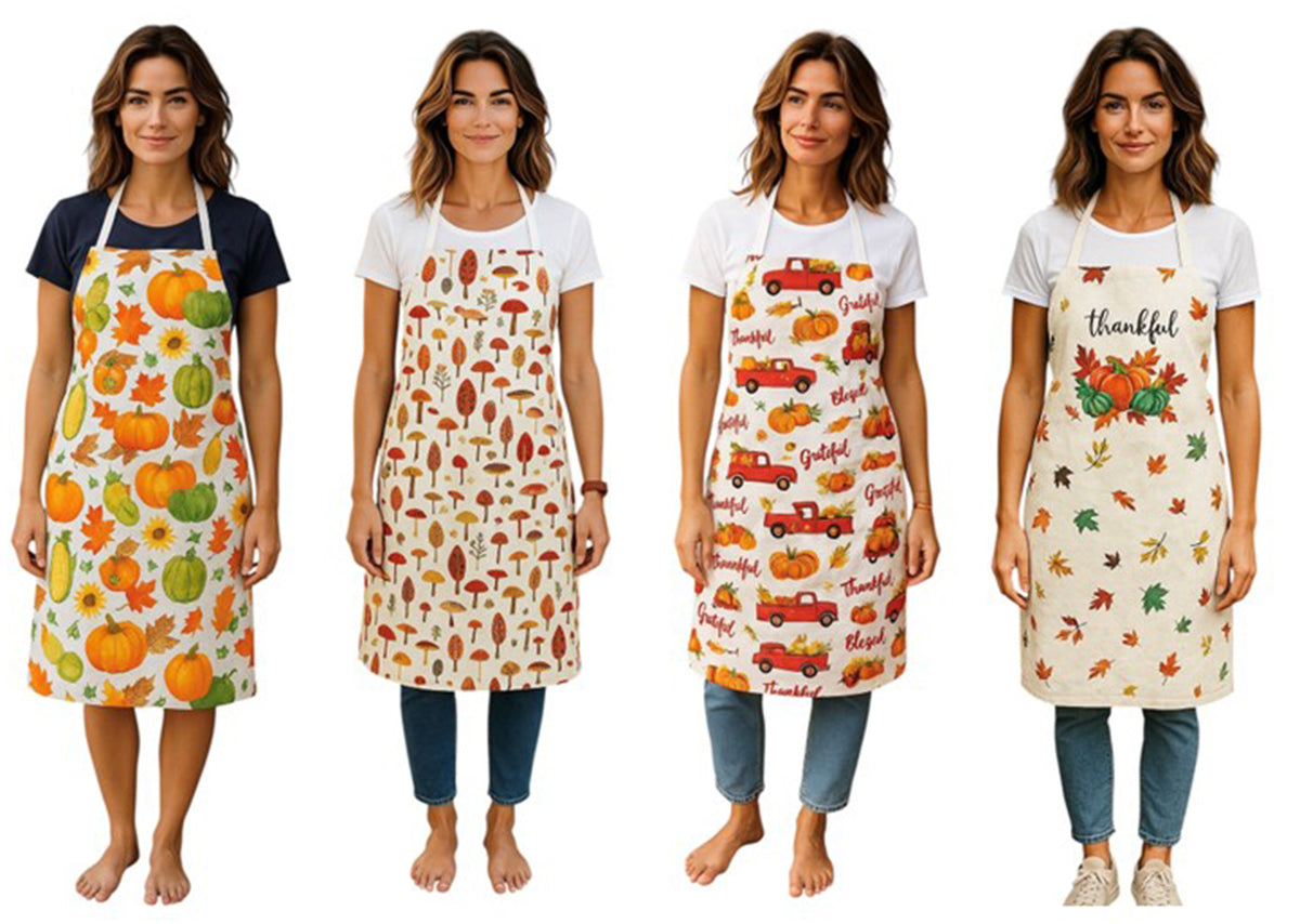 4 Pack, 100% Cotton Lightweight Colorful Fall Print/Whimsical Print Apron Size:19” x 30”, Ideal for Dress Size 4-6.
