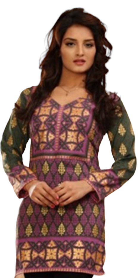 Tunic for Women Gold Foil Round Neck Printed Short Crape Kurti Kurta 3/4 Sleeves Tunic Top.