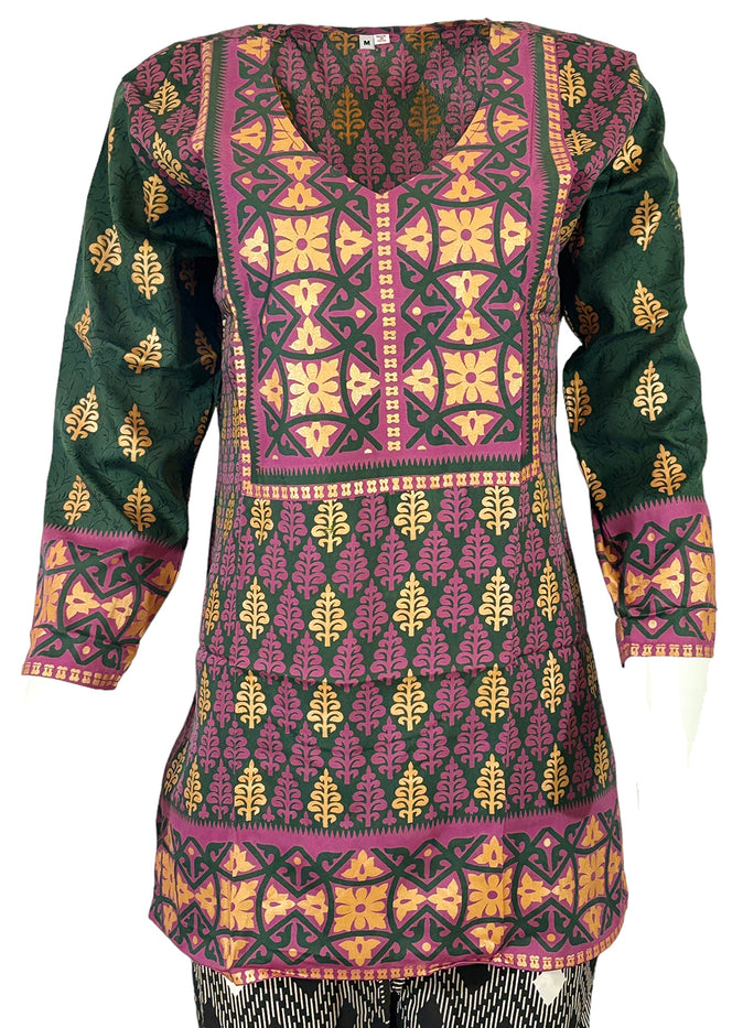 Tunic for Women Gold Foil Round Neck Printed Short Crape Kurti Kurta 3/4 Sleeves Tunic Top.