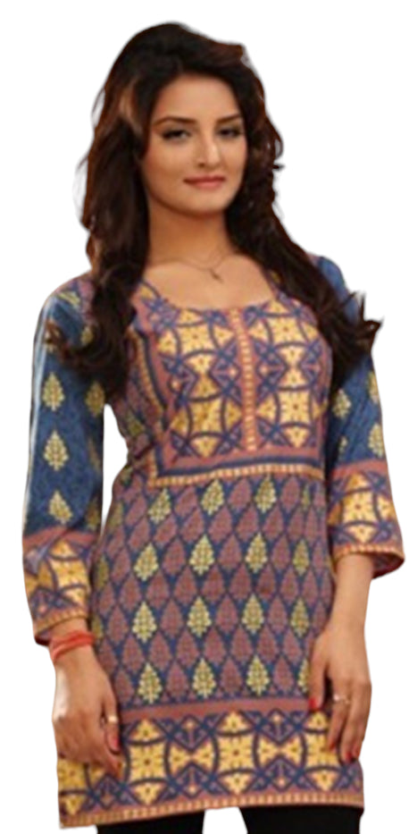 Tunic for Women Gold Foil Round Neck Printed Short Crape Kurti Kurta 3/4 Sleeves Tunic Top.