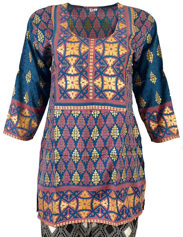 Tunic for Women Gold Foil Round Neck Printed Short Crape Kurti Kurta 3/4 Sleeves Tunic Top.