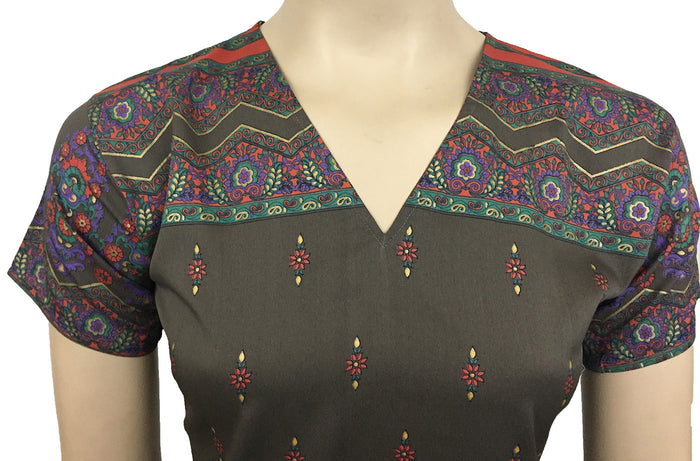 Indian Style Printed Kurtis for Women Short Crepe Kurti V-Neck, Short Sleeves Tunic Top Blouse.