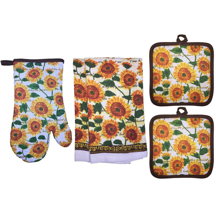 100% Cotton Printed Kitchen Linen Set of 5, Includes 2 Kitchen Towels, 2 Potholder, 1 Oven mitt Kitchen Décor for Cooking, Baking, Barbecue