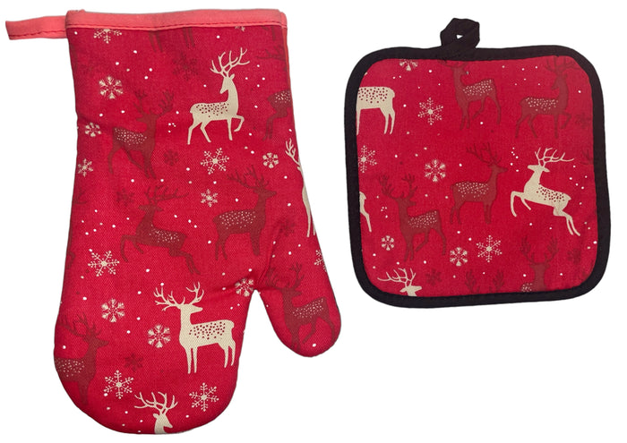 2 Pcs, 100% Cotton Fabric Heat Resistant up to 450 F Neoprene Kitchen Sets, 1 Oven Mitt and 1 Pot Holder.