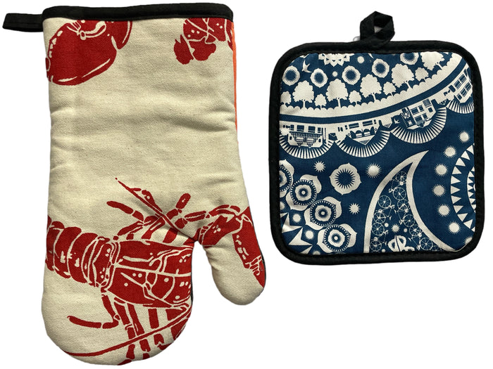 2 Pcs, 100% Cotton Fabric Heat Resistant up to 450 F Neoprene Kitchen Sets, 1 Oven Mitt and 1 Pot Holder.