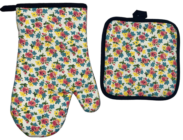 2 Pcs, 100% Cotton Fabric Heat Resistant up to 450 F Neoprene Kitchen Sets, 1 Oven Mitt and 1 Pot Holder.