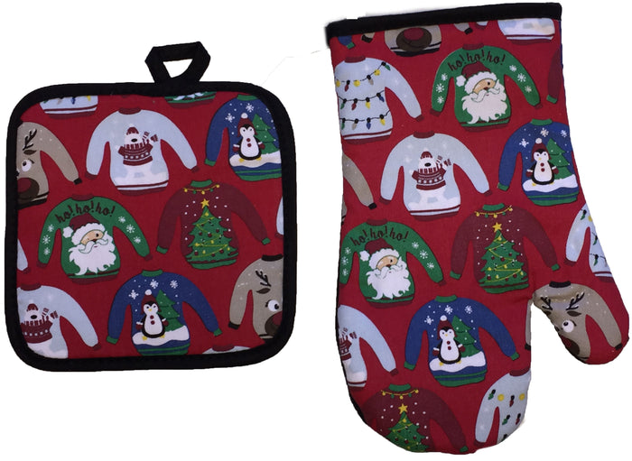 2 Pcs, 100% Cotton Fabric Heat Resistant up to 450 F Neoprene Kitchen Sets, 1 Oven Mitt and 1 Pot Holder.