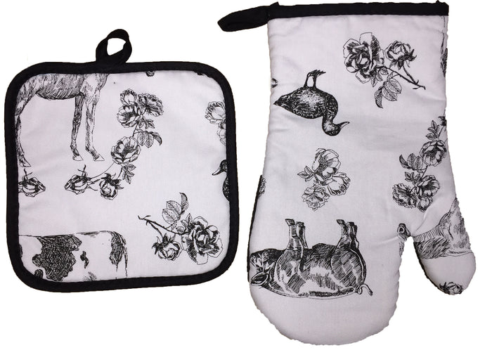 2 Pcs, 100% Cotton Fabric Heat Resistant up to 450 F Neoprene Kitchen Sets, 1 Oven Mitt and 1 Pot Holder.