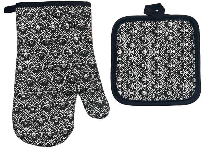 2 Pcs, 100% Cotton Fabric Heat Resistant up to 450 F Neoprene Kitchen Sets, 1 Oven Mitt and 1 Pot Holder.