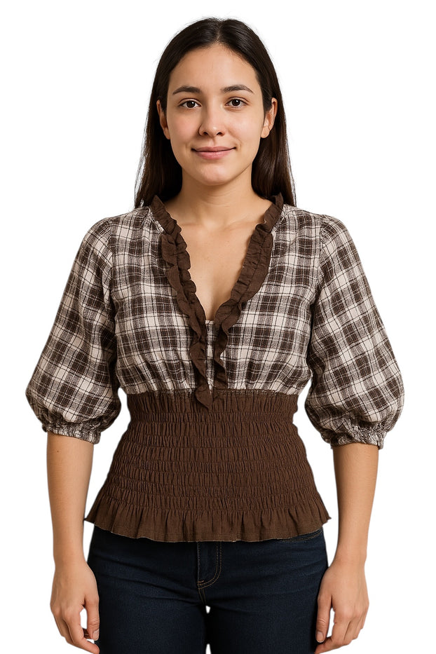 Women Summer Long Sleeves 100% Cotton V-Neck Brown and Beige Plaid with ruffled around the neckline with brown smocked waist.
