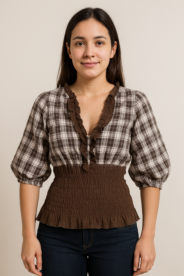 Women Summer Long Sleeves 100% Cotton V-Neck Brown and Beige Plaid with ruffled around the neckline with brown smocked waist.