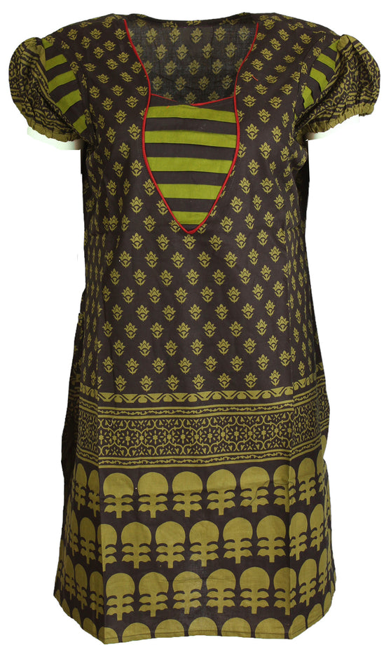 Tunic for Women 100% Cotton Printed V-Neck Kurti Flowers and Leaves with Ballon Shorts Sleeves Kurta Tunic Top.