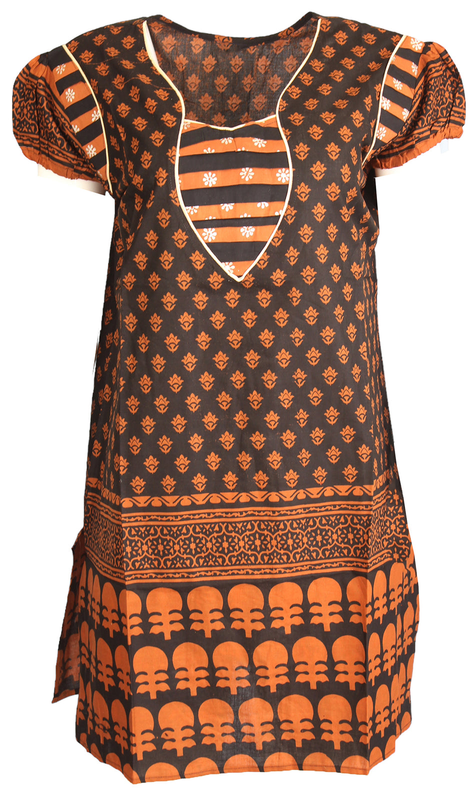 Tunic for Women 100% Cotton Printed V-Neck Kurti Flowers and Leaves with Ballon Shorts Sleeves Kurta Tunic Top.