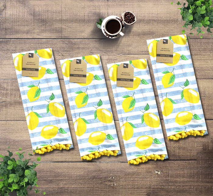 Set of 5, 100% Cotton Lemon Theme 4 pom-pom Kitchen Towels Size: 16 x 28 Inch Plus Matching Apron Size: 19 x 30 Inch for Wedding, Baby Shower, Home Décor.