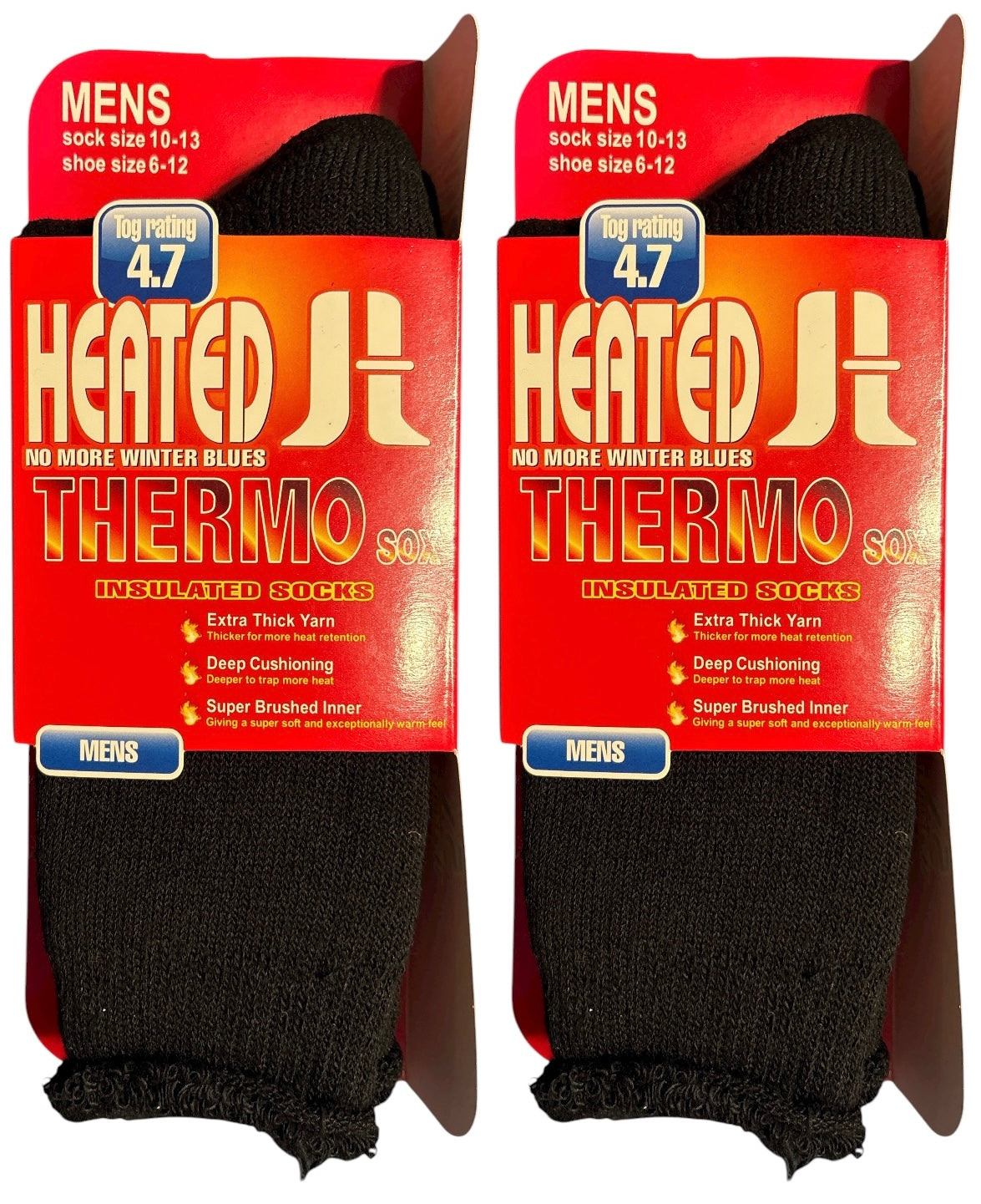 2 Pair, Men's Heated Sox Socks Thick Thermal Socks Keeps Feet Warmer Longer 3.1 TOG heat rating.Size: 10-13.