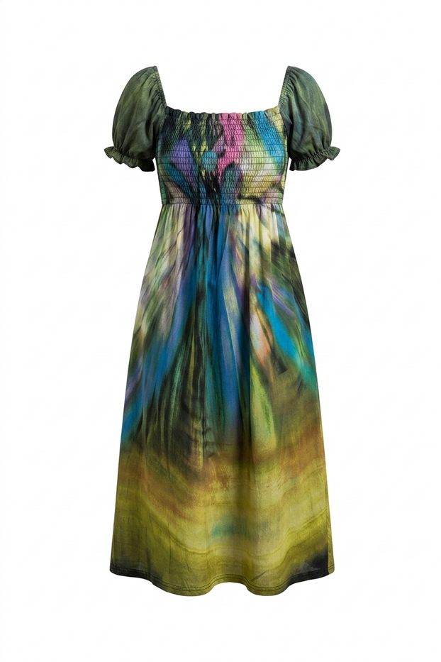 Women's multi-color tie-dye Square Neck, Short sleeves with elastic cuffs, Midi-length Frill Trim Square Neck dress.