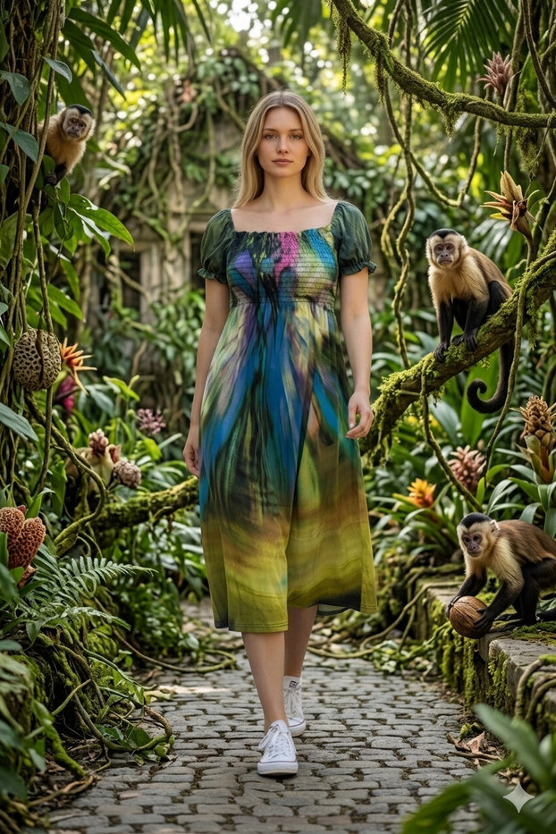 Women's multi-color tie-dye Square Neck, Short sleeves with elastic cuffs, Midi-length Frill Trim Square Neck dress.