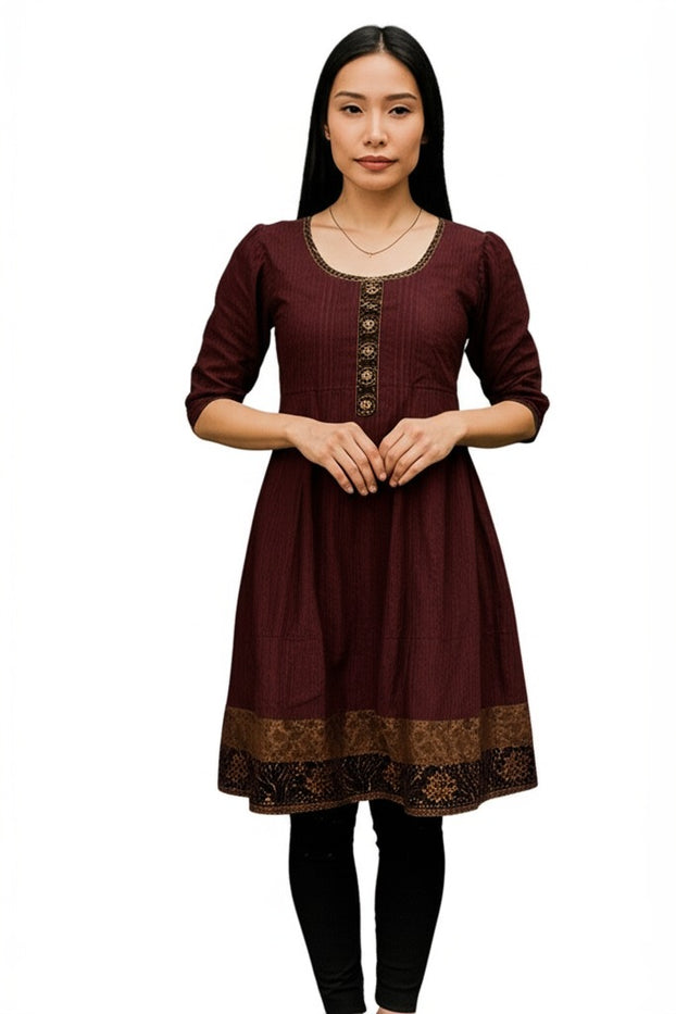 Women Maroon Tunic Black and Gold patch Neckline, hem with matching button on fron round Neck, Short sleeves Kurti, Kurta Tunic Top.