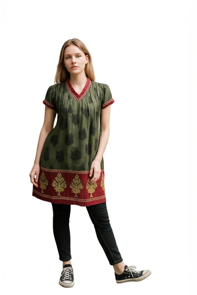 Women Olive-green V-Neck Short Sleeves Tunic with Burgundy and gold Neck, Sleeeves, with embroidery hem Kurti, Kurta Tunic Top.