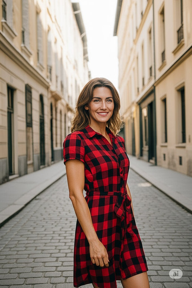 Women Summer Dress Gingham Plaid Short-sleeved dress and matching belt with button.