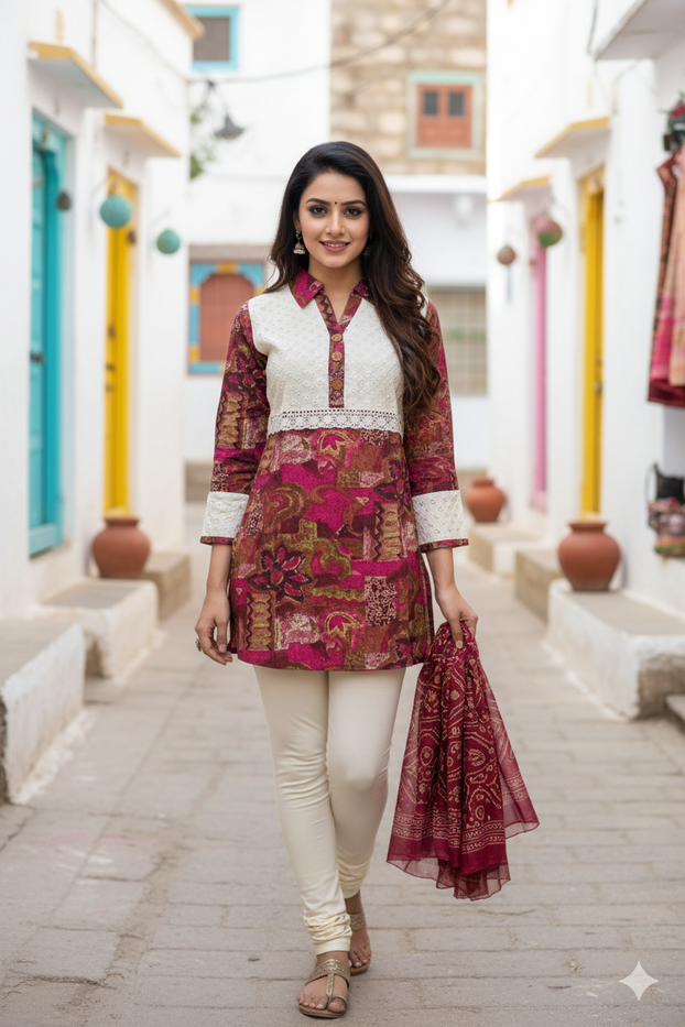 Colorful Collared Neckline Tunic for Women., 3/4 sleeve, 30 Inches Length Kurti, Top.