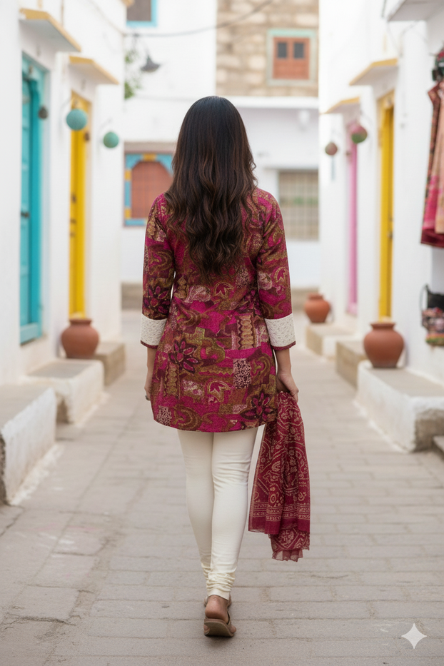 Colorful Collared Neckline Tunic for Women., 3/4 sleeve, 30 Inches Length Kurti, Top.