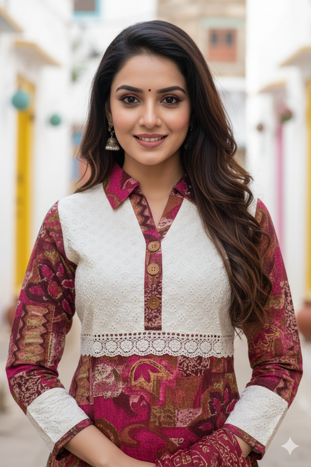 Colorful Collared Neckline Tunic for Women., 3/4 sleeve, 30 Inches Length Kurti, Top.