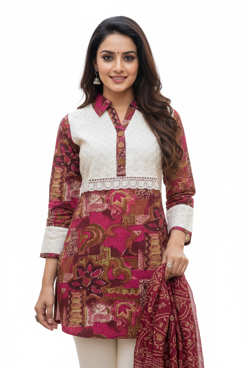 Colorful Collared Neckline Tunic for Women., 3/4 sleeve, 30 Inches Length Kurti, Top.