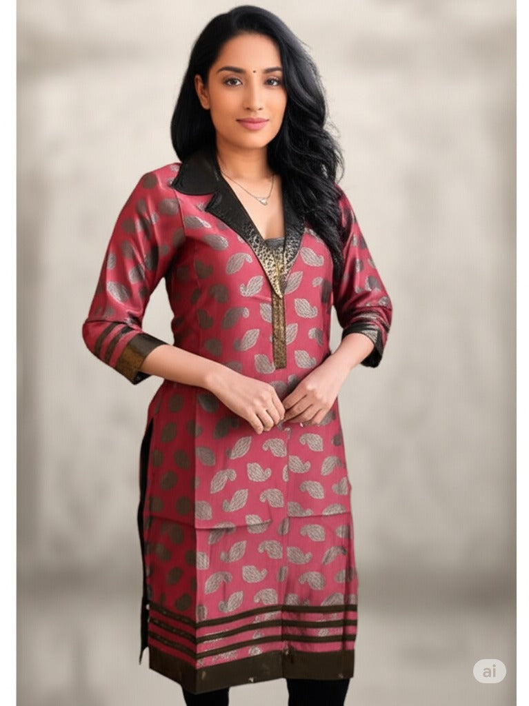 Women Red Tunic with Green Paisly pattern, Bronze collar, sleeves and hem, V-Neck, 3/4 Sleeves knee length  Kurti, Kurta Tunic Top.