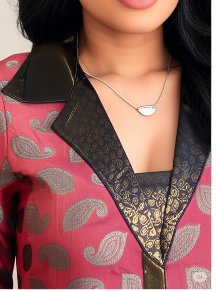 Women Red Tunic with Green Paisly pattern, Bronze collar, sleeves and hem, V-Neck, 3/4 Sleeves knee length  Kurti, Kurta Tunic Top.
