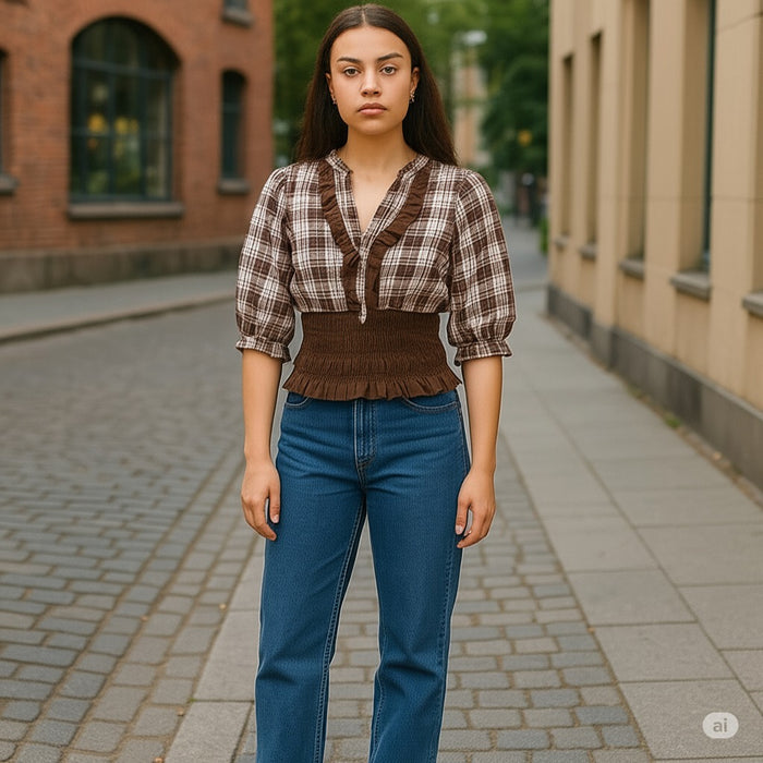 Women Summer Long Sleeves 100% Cotton V-Neck Brown and Beige Plaid with ruffled around the neckline with brown smocked waist.