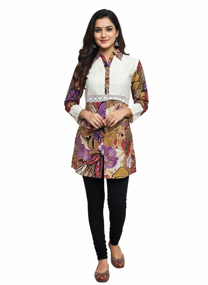 Colorful Collared Neckline Tunic for Women., 3/4 sleeve, 30 Inches Length Kurti, Top.