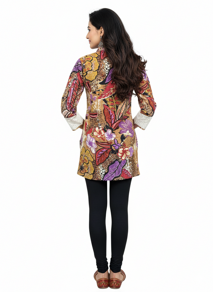 Colorful Collared Neckline Tunic for Women., 3/4 sleeve, 30 Inches Length Kurti, Top.