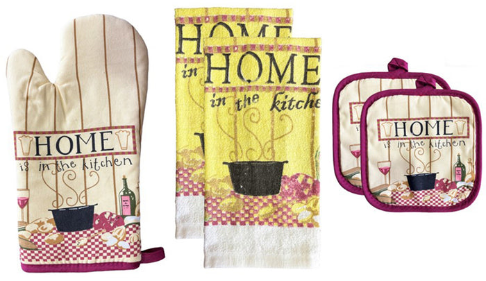 100% Cotton Printed Kitchen Linen Set of 5, Includes 2 Kitchen Towels, 2 Potholder, 1 Oven mitt Kitchen Décor for Cooking, Baking, Barbecue