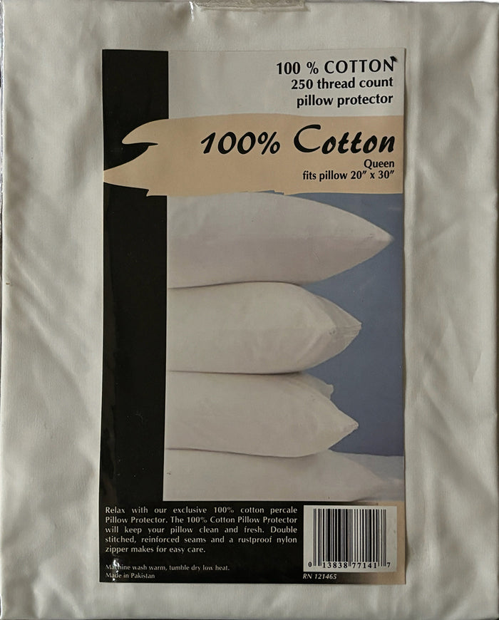 2 Pack, 100% Cotton Percal 250 Thread Count Zippered Pillow Protectors Pillow Encasement