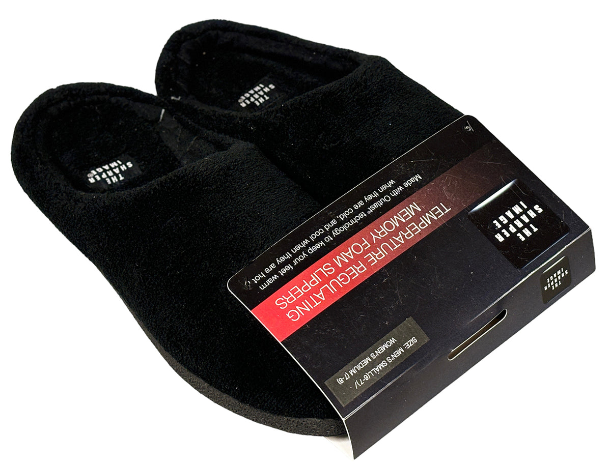 The Sharper Image Men's Temperature Regulating Memory Foam Slippers Black.