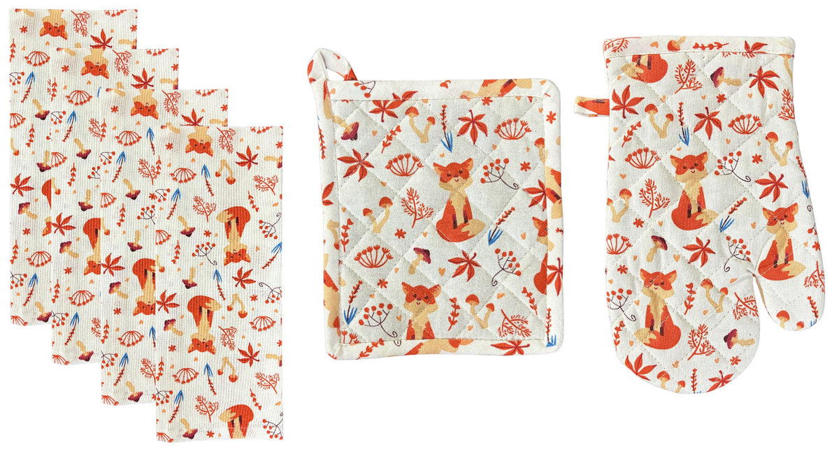 Fox, Mushrooms, Leaf Design Autumn Fall Thanksgiving Decorative Kitchen Towel Set of 6, 4 Kitchen Towels, Potholder, Oven Mitt.