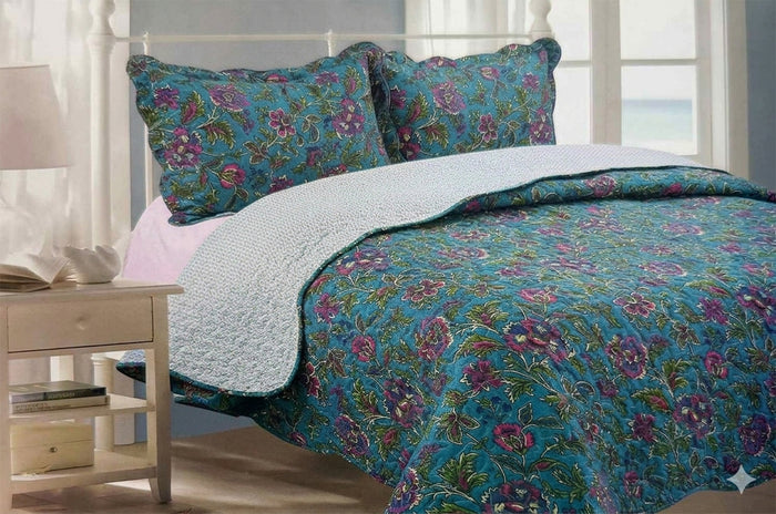 3 Pcs, Reversible Cotton Quilt Set, 2 Pillowcases & 1 Quilt