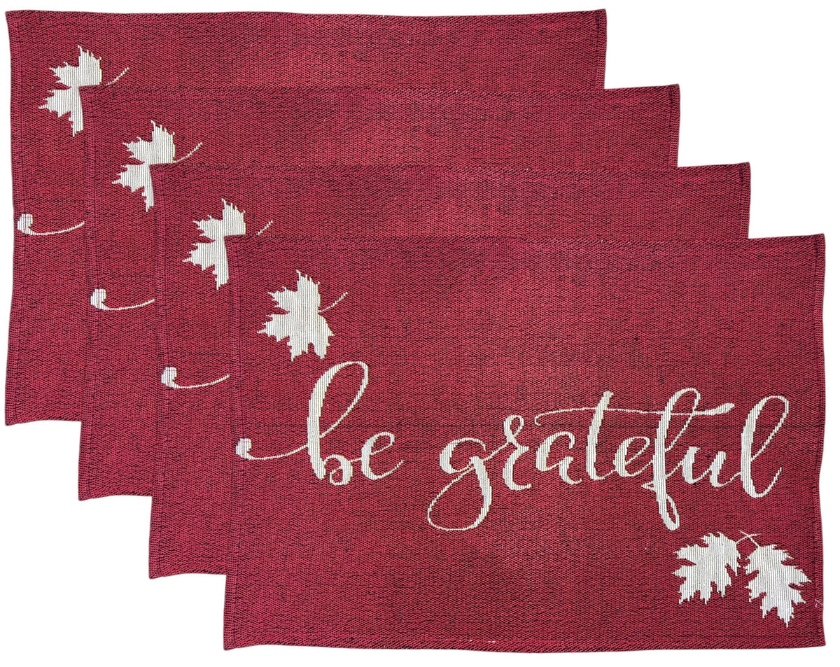 Set of 4, Be Grateful with Leaf Autumn Fall, Thanksgiving Harvest Tapestry Placemats Kitchen Dining Table Easy to Clean, Machine Washable Size: 13” x 19”.