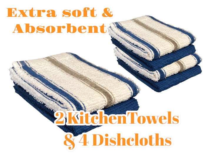 Set of 6, 100 Cotton 2 Kitchen Towel, 4 Dishcloths Size: 12” x 12” Extra Soft and Highly Absorbent, Machine Washable.