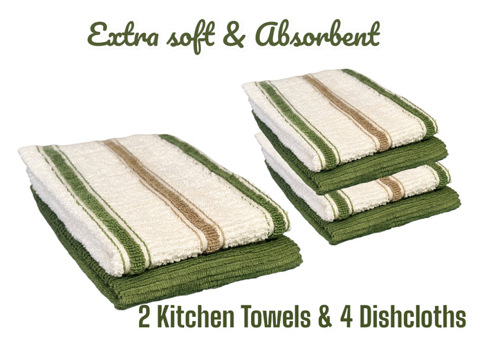 Set of 6, 100 Cotton 2 Kitchen Towel, 4 Dishcloths Size: 12” x 12” Extra Soft and Highly Absorbent, Machine Washable.