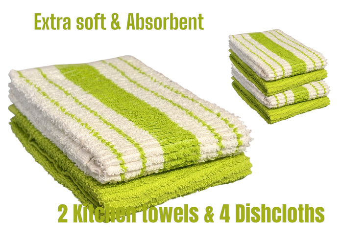 Set of 6, 100 Cotton 2 Kitchen Towel, 4 Dishcloths Size: 12” x 12” Extra Soft and Highly Absorbent, Machine Washable.