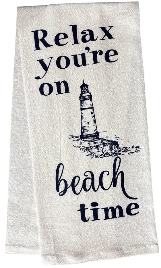 Relax You're on Beach time, Two Pcs Coastal Nautical Lighthouse Flour Sack Kitchen Towels/DishTowels Size: 16 X 28 Inch.