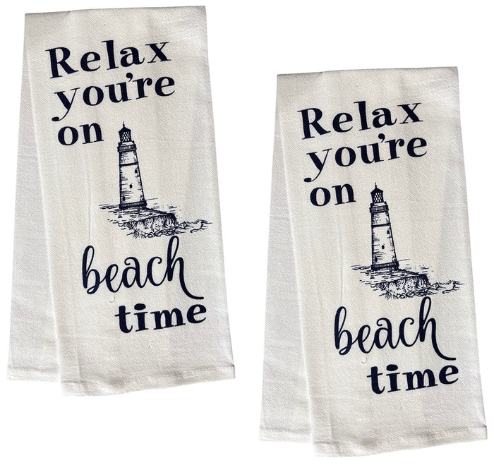 Relax You're on Beach time, Two Pcs Coastal Nautical Lighthouse Flour Sack Kitchen Towels/DishTowels Size: 16 X 28 Inch.