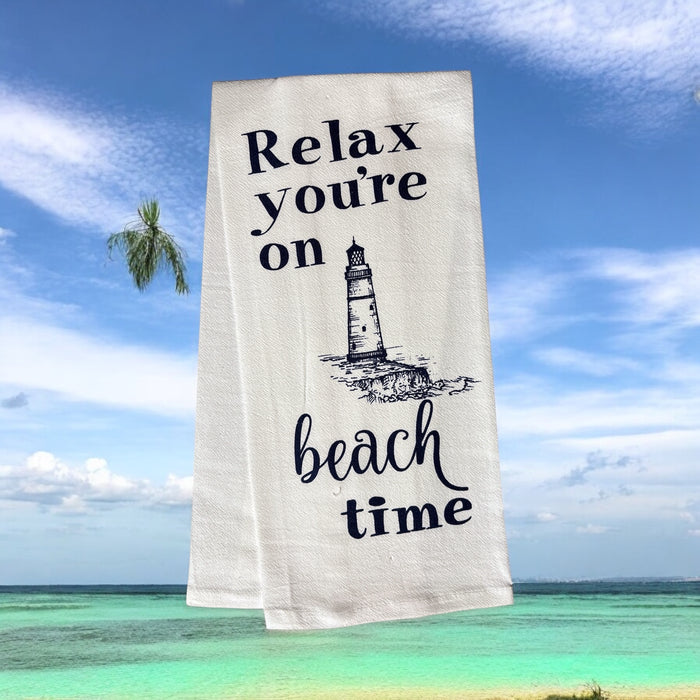 Relax You're on Beach time, Two Pcs Coastal Nautical Lighthouse Flour Sack Kitchen Towels/DishTowels Size: 16 X 28 Inch.