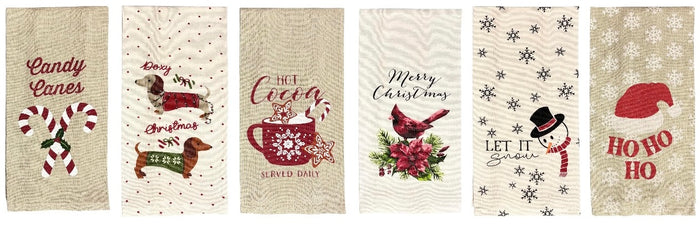 Set of 6, Christmas Holiday Print 100% Cotton Kitchen Towel / Tea Towel Size: 15” x 25".