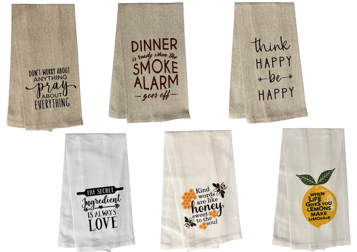 Set of 6, 100% Cotton Funny Cute Saying Flour Sack Kitchen Towels/Dish Towels for Wedding, Baby Shower, Home Decor, Housewarming, other occasions Size: 15 X 25 Inch.